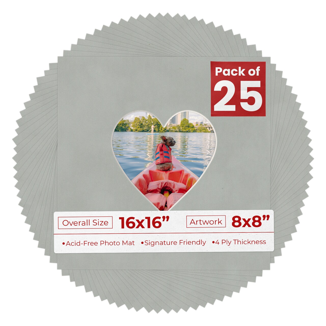 Light Grey Suede Mat Board for 16x16 Frames - Heart Opening for 8x8 Photos